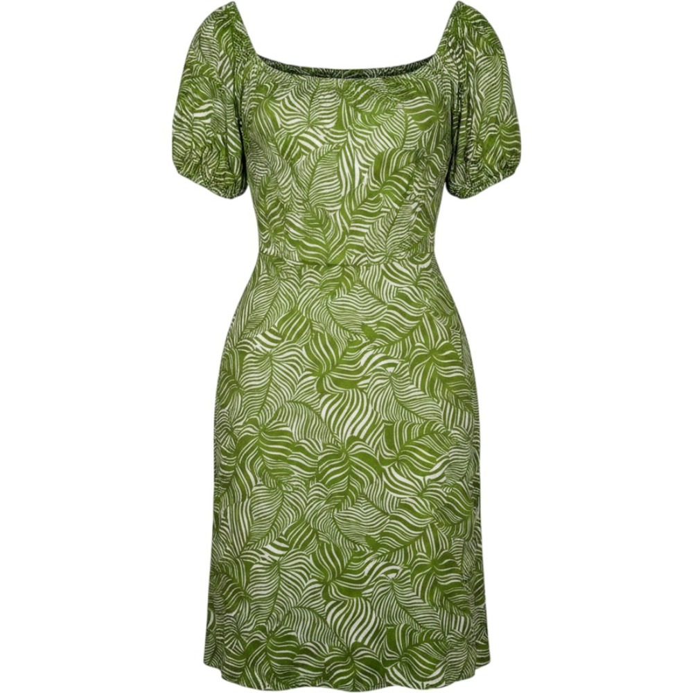 AnyBody Womens Large Dress Green‎ White Tropical Palm Leaf Smocked Modal